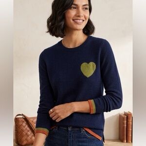 Knyt & Lynk 100% Cashmere Navy Blue Heart Sweater Size Small Contrast Trim